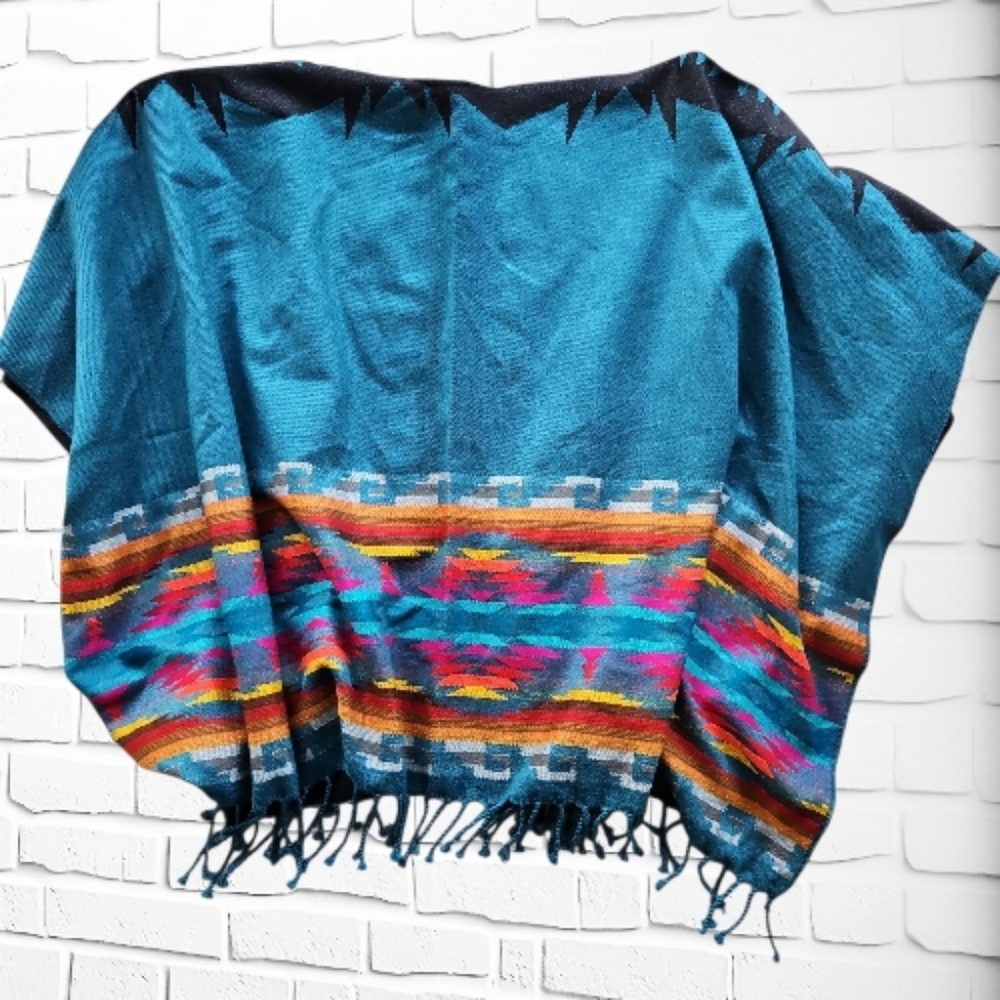 Western Aztec Pattern Cape Wrap Shawl | Festival Boho Style | Teal - Picture 2 of 3